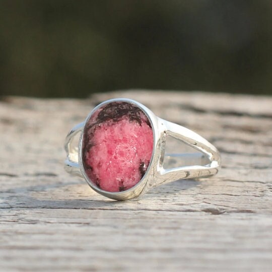 Natural Rhodonite Gemstone Ring, 925 Sterling Silver, Healing Crystals, Handmade Jewelry, Gift For Mom