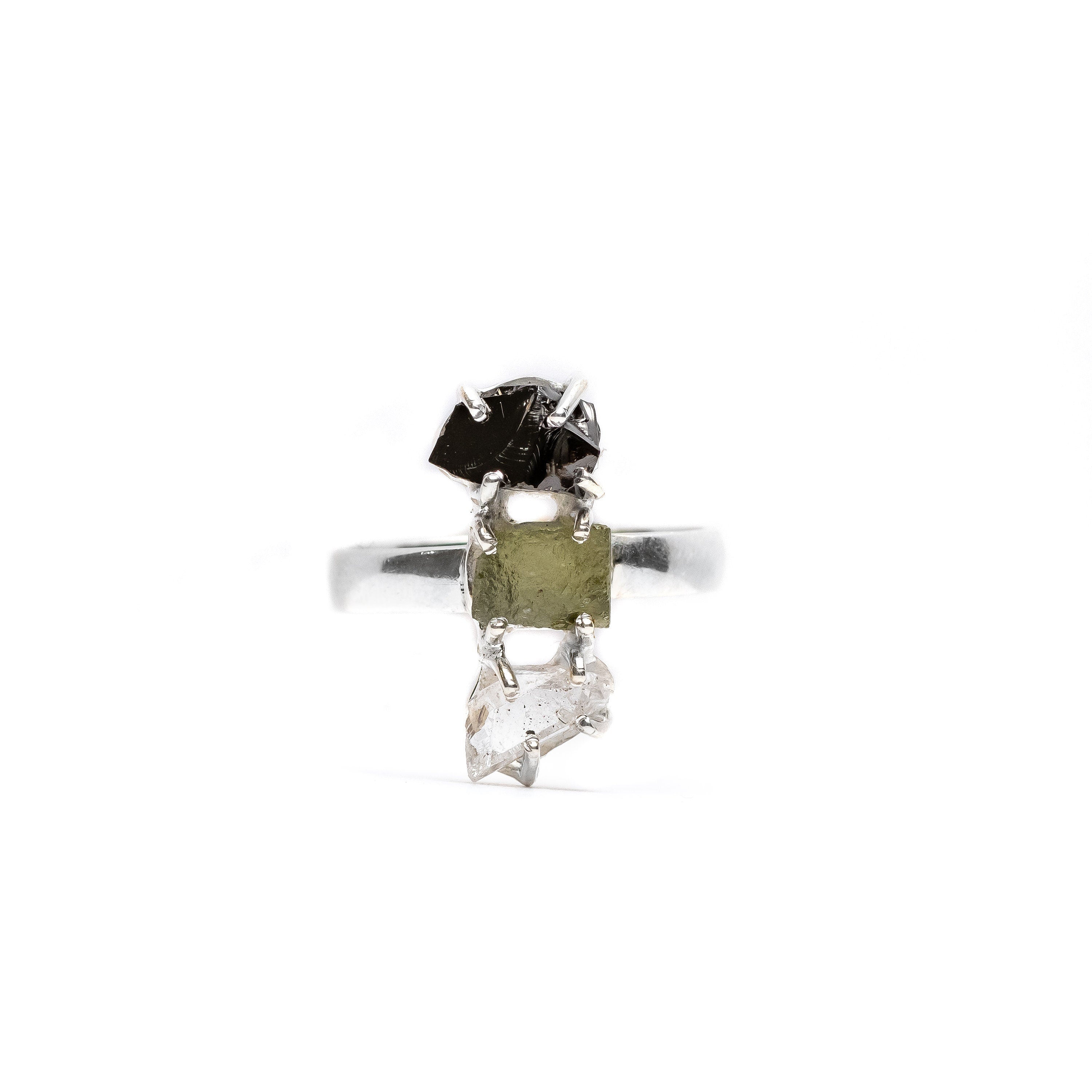 100% genuine Moldavite, Herkimer & Shungite Ring, Moldavite Ring, 925 Sterling Silver, Promise Ring, Three stone big ring, Father's day gift