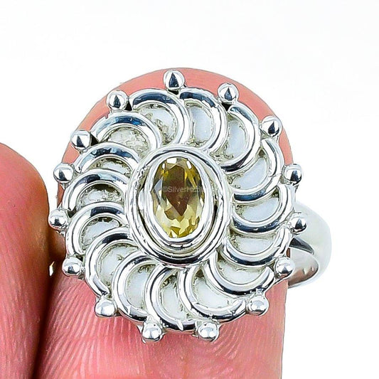 Natural Citrine Gemstone Band Ring Size 8 925 Silver For Women