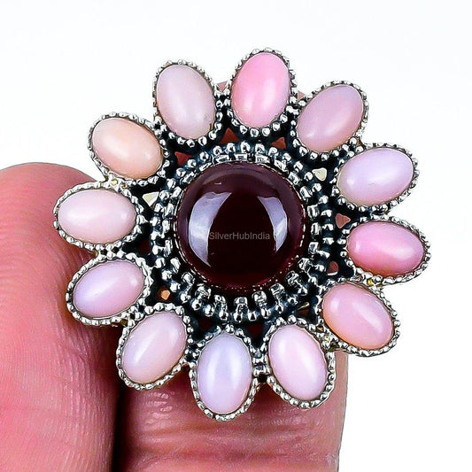 Gift For Her 925 Sterling Silver Natural Pink Opal Gemstone Band Adjustable Ring