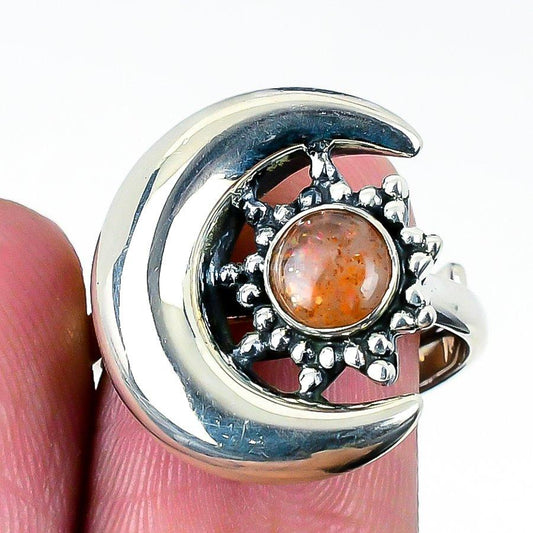 Anniversary Gift For Her Natural Sunstone Band Adjustable Ring 925 Silver