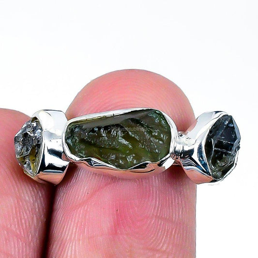Natural Moldavite Quartz Gemstone Band Green Ring Size 8 925 Silver