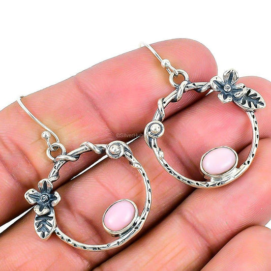 Natural Pink Opal Gemstone Drop & Dangle Earrings 925 Sterling Silver For Girls