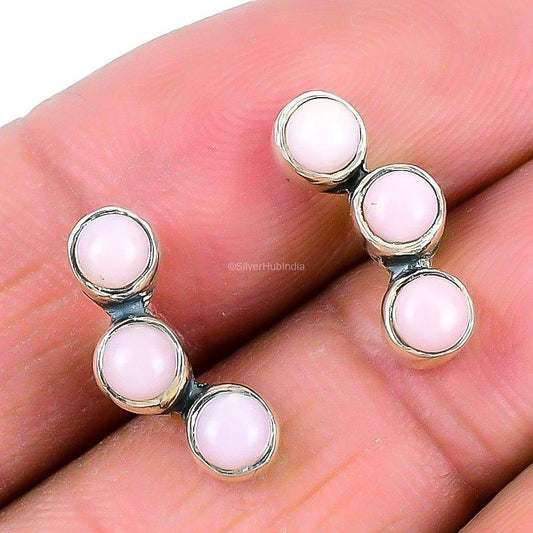 Natural Pink Opal Gemstone Stud Earrings 925 Sterling Silver Jewelry For Girls