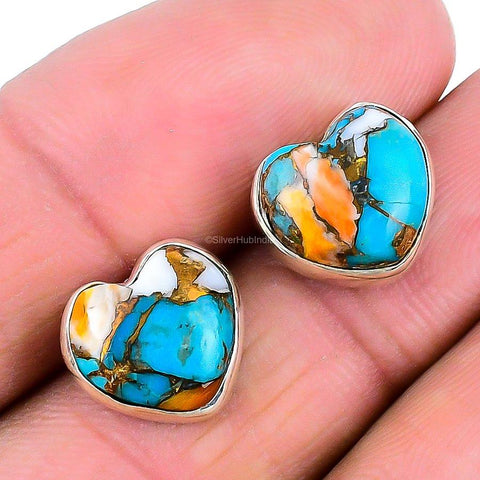 Natural Oyster Turquoise Gemstone Stud Earrings 925 Sterling Silver For Girls