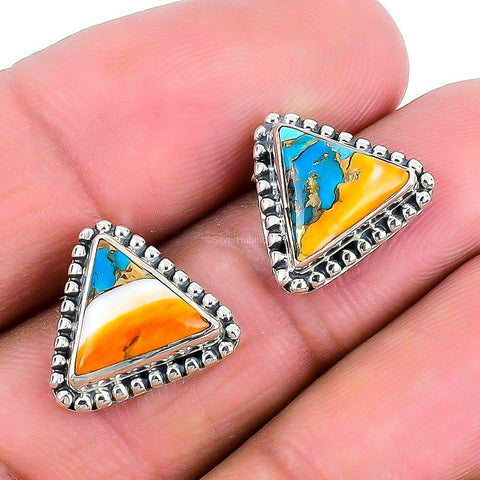 Natural Oyster Turquoise Gemstone Stud Earrings 925 Sterling Silver For Girls