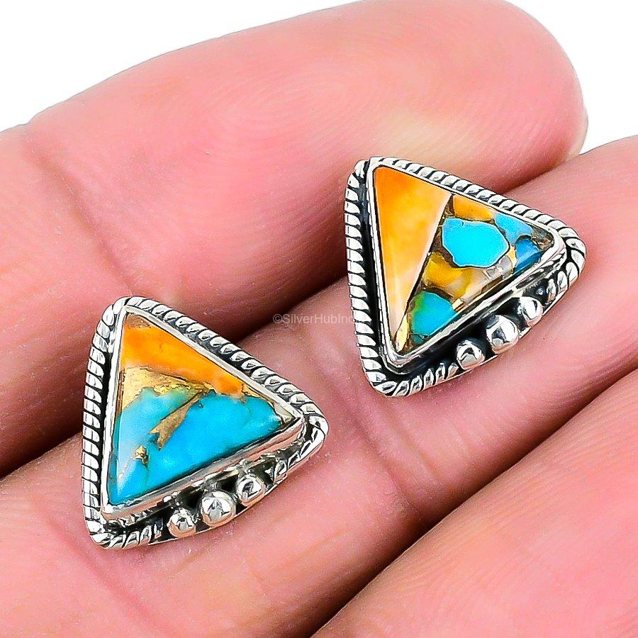 Anniversary Gift For Her Natural Oyster Turquoise Stud Earrings 925 Silver