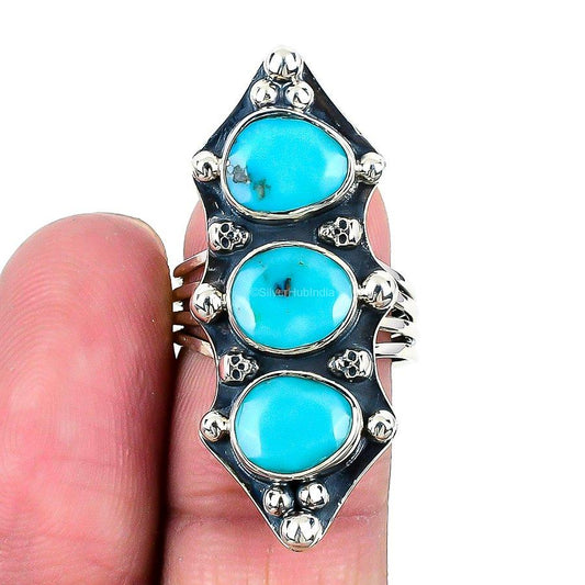 Natural Arizona Turquoise Gemstone 925 Silver Cluster Adjustable Ring For Women