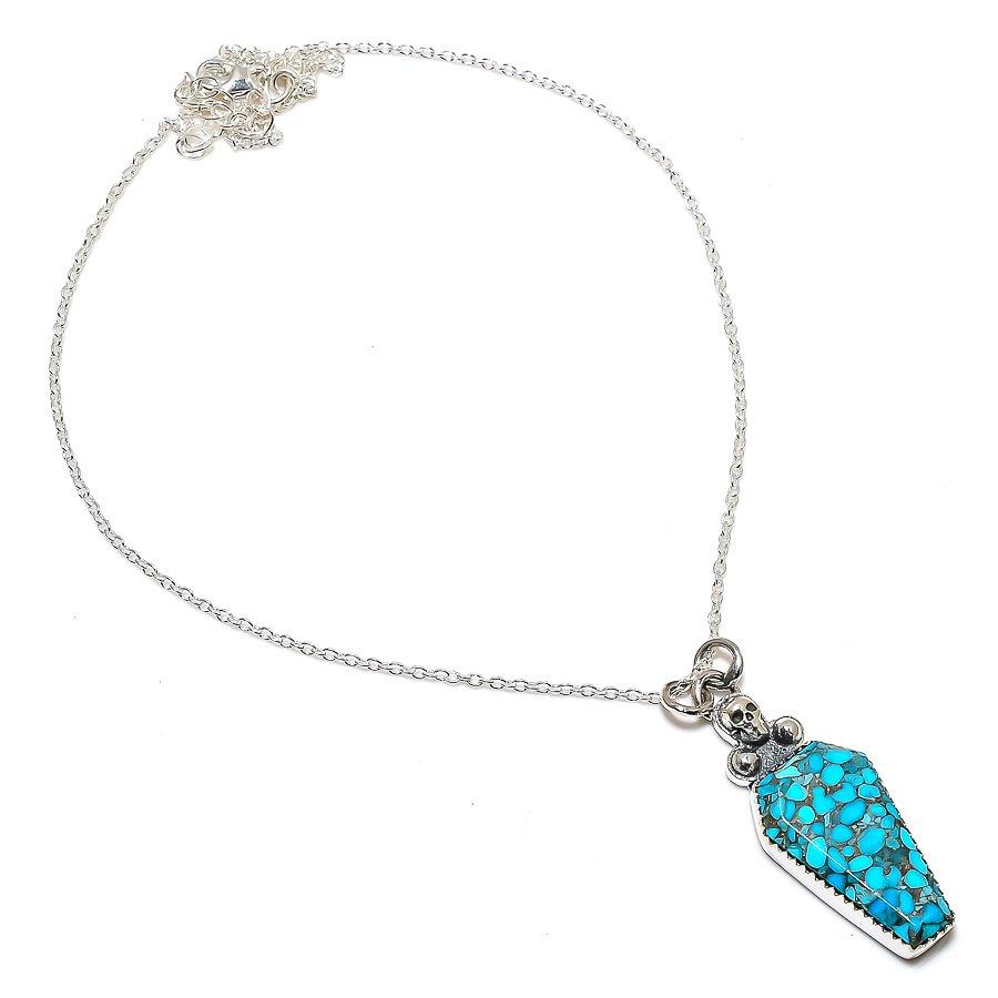 Natural Copper Turquoise Gemstone Chain Blue Necklace 925 Sterling Silver