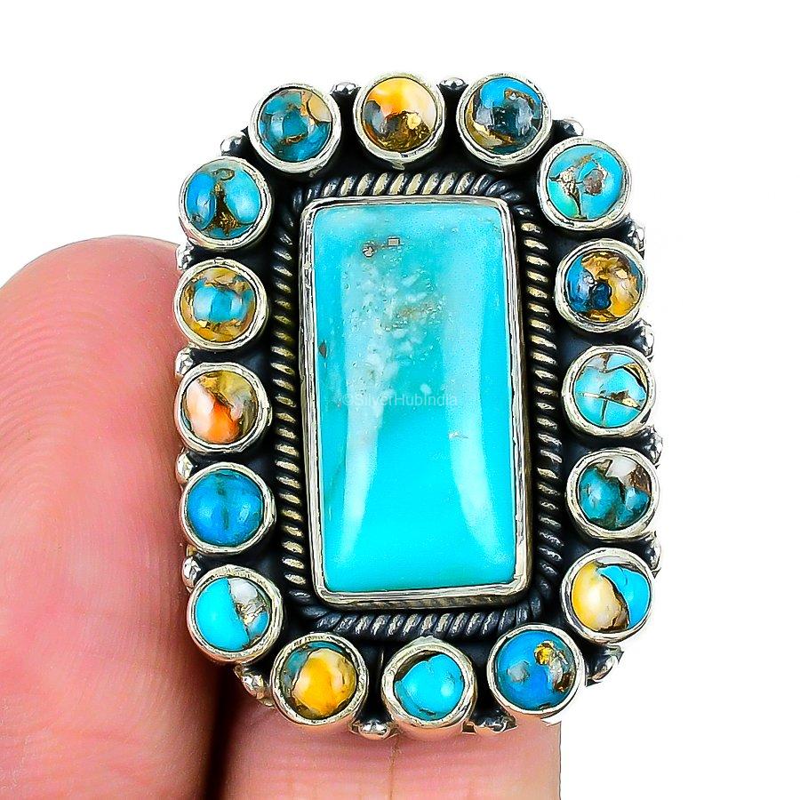 Natural Arizona Turquoise 925 Silver Statement Ring Size 8 For Girls