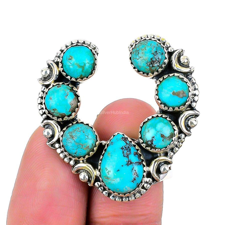 Natural Tibetan Turquoise Statement Adjustable Ring 925 Silver For Girls