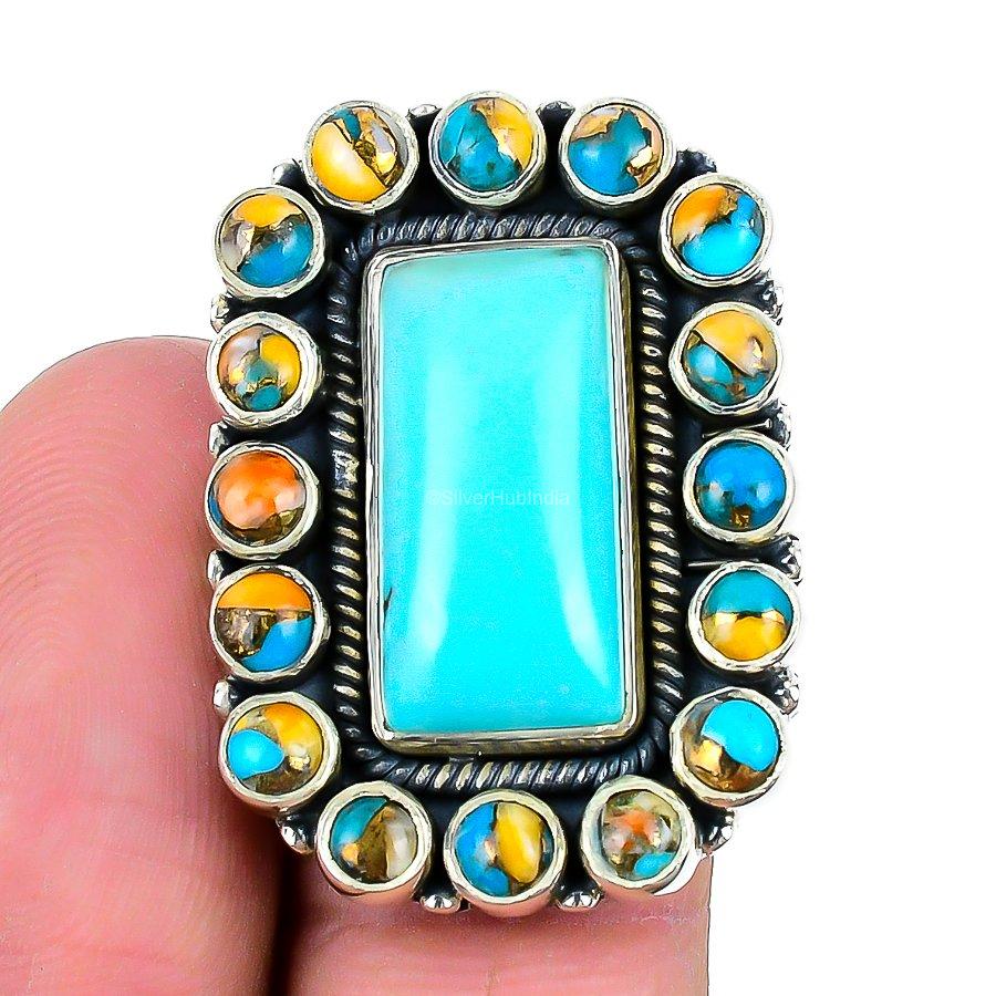 Natural Arizona Turquoise 925 Silver Statement Ring Size 7 1/2 For Girls