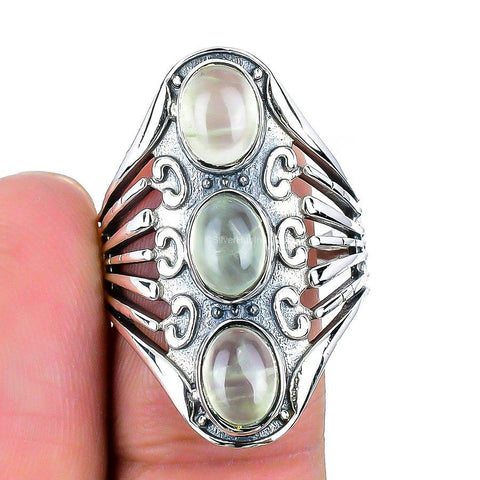 Natural Prehnite Gemstone 925 Silver Statement Ring Size 9 For Girls