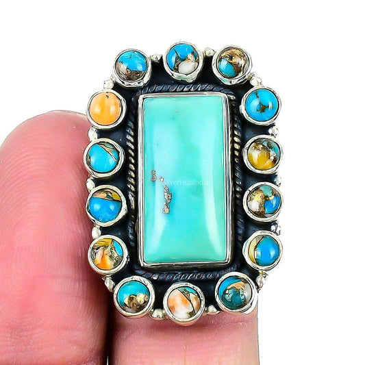 Natural Tibetan Turquoise Gemstone Cluster Adjustable Ring 925 Silver For Women