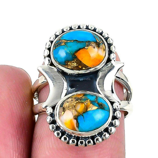 Natural Oyster Turquoise Gemstone 925 Silver Cluster Adjustable Ring For Girls