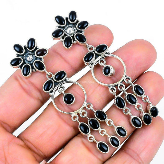 Birthday Gift For Her Natural Black Onyx Drop & Dangle Earrings 925 Silver