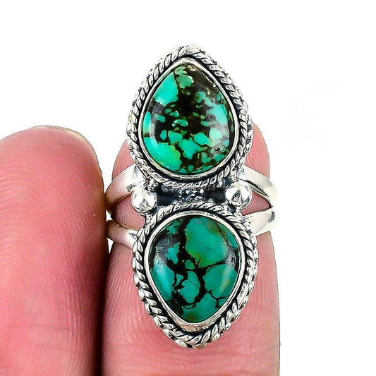 Natural Tibetan Turquoise 925 Silver Cluster Ring Size 5 For Women