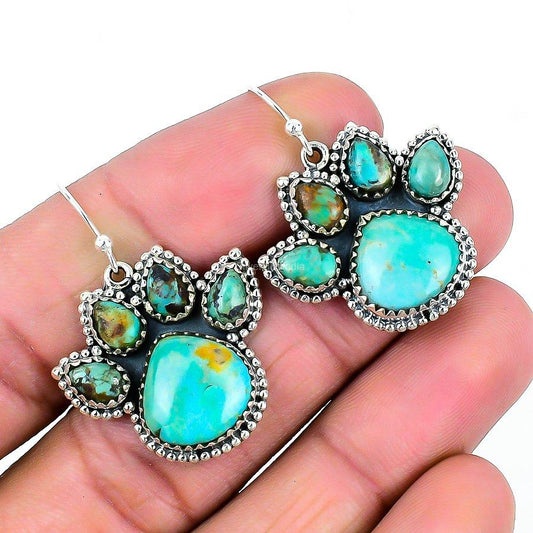 Natural Tibetan Turquoise Gemstone Drop & Dangle Blue Earrings 925 Silver
