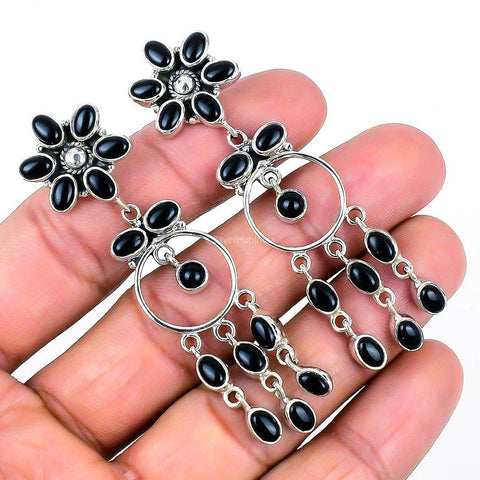 Natural Black Onyx Gemstone Drop & Dangle Earrings 925 Sterling Silver Jewelry