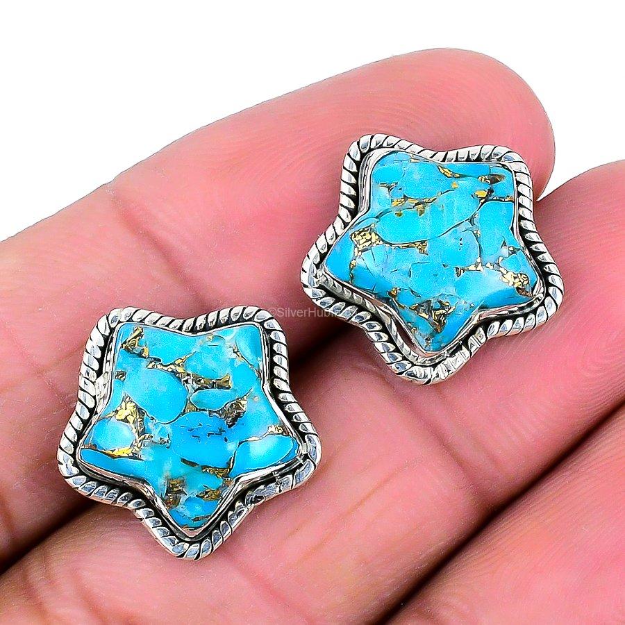 Natural Copper Blue Turquoise 925 Silver Drop & Dangle Earrings For Girls