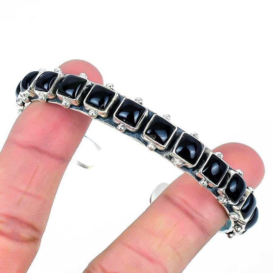 Natural Black Onyx Gemstone Indian Jewelry 925 Sterling Silver Cuff For Women
