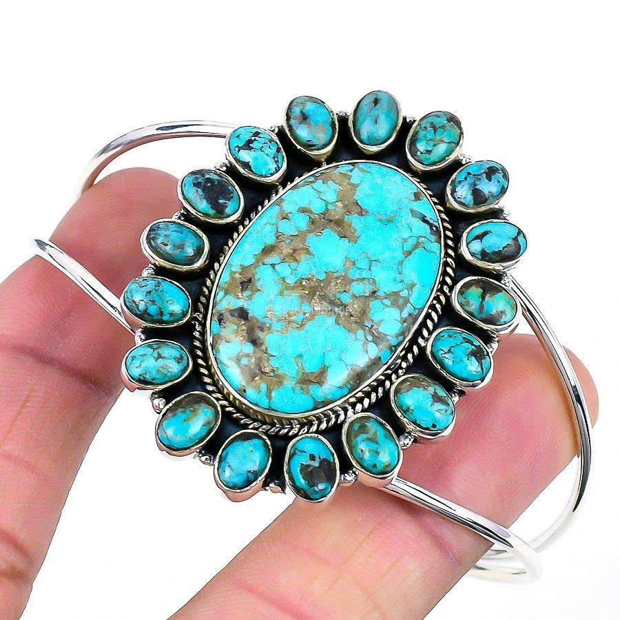 Natural Tibetan Turquoise Gemstone Cuff 925 Sterling Silver Jewelry For Women