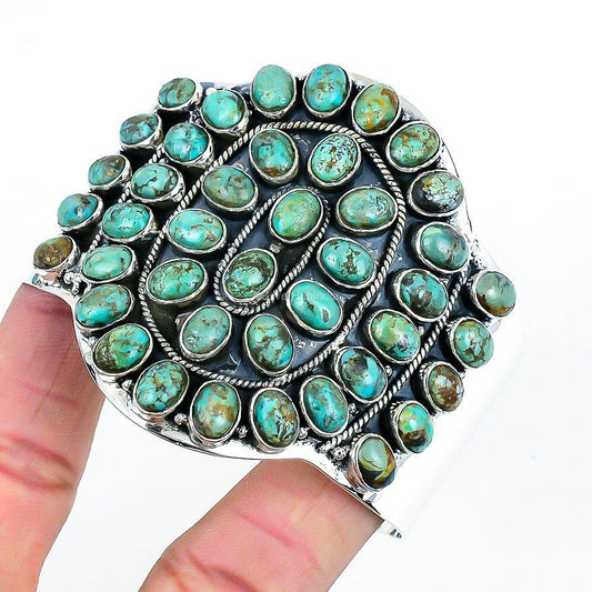 Natural Tibetan Turquoise Gemstone Jewelry 925 Sterling Silver Cuff For Girls