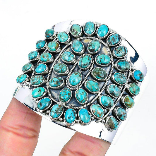 Natural Tibetan Turquoise Gemstone Cuff Blue 925 Sterling Silver Indian Jewelry