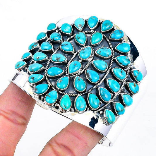 Natural Arizona Turquoise Gemstone Cuff 925 Sterling Silver Jewelry For Girls