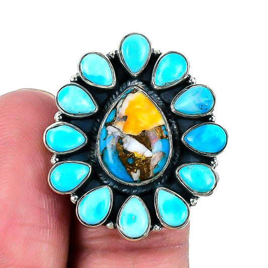Natural Oyster Turquoise Gemstone 925 Silver Cluster Adjustable Ring For Women