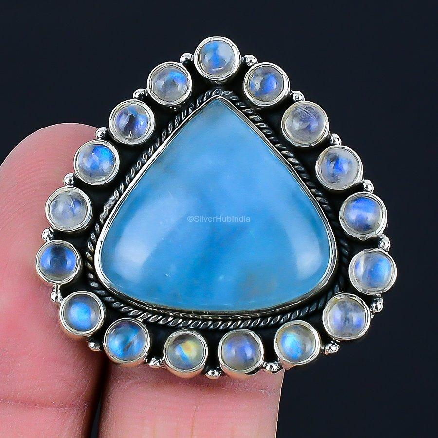Gift For Her 925 Silver Natural Aquamarine Gemstone Cluster Adjustable Ring