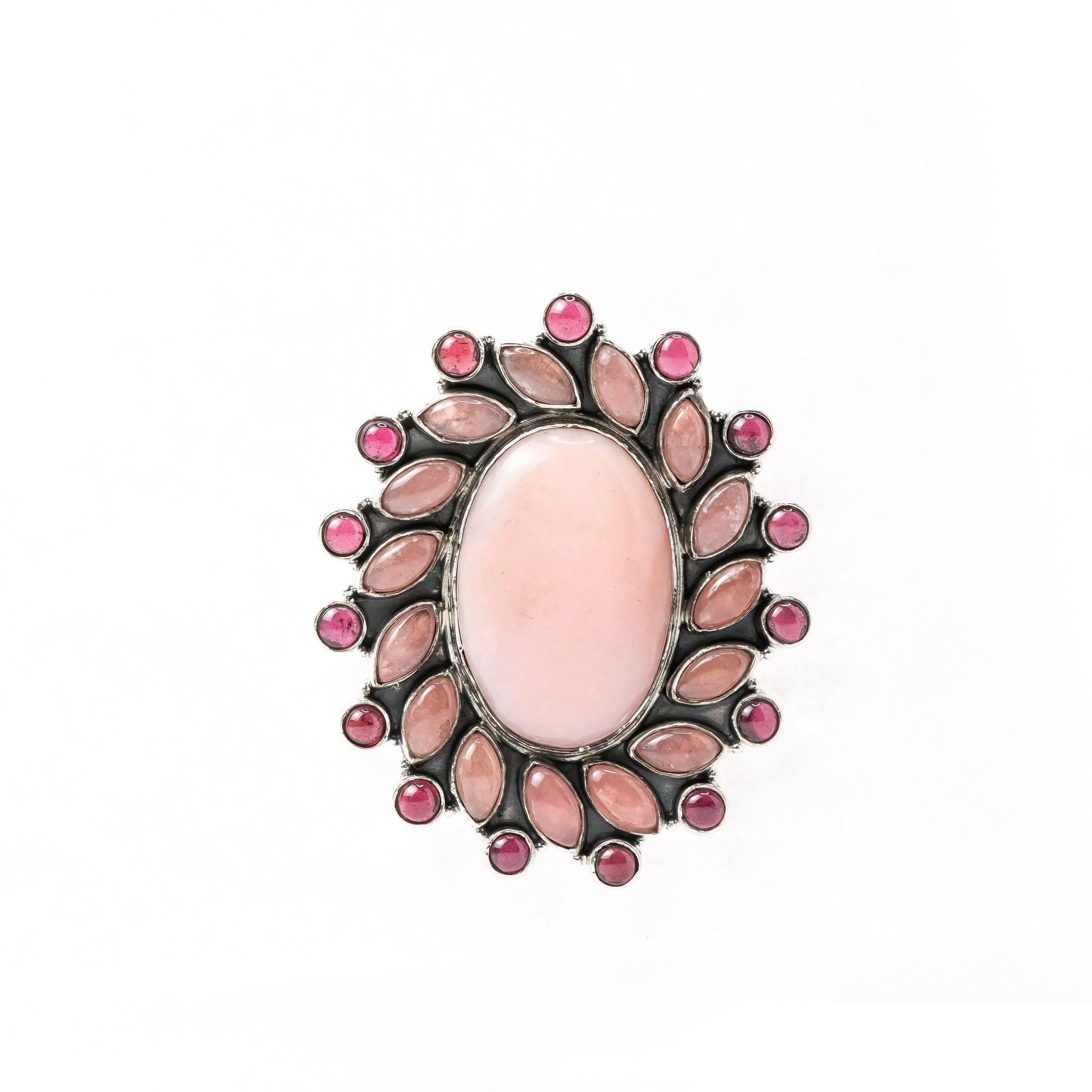 Pink Opal, Rose Quartz, Garnet Natural Gemstone 925 Solid Sterling Silver Jewelry Designer Adjustable Ring ( Size 5 To 13 ) - Silverhubjewels