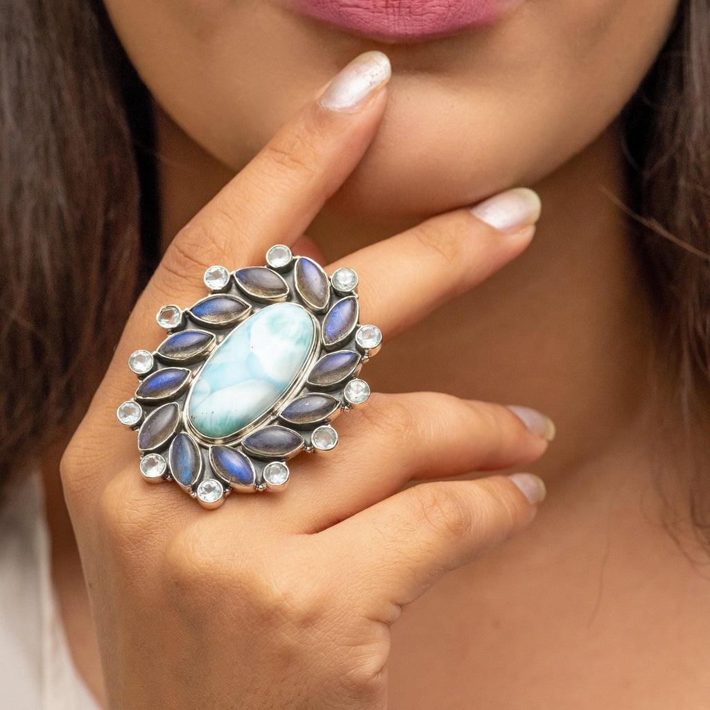 Caribbean Larimar, Labradorite Natural Ring