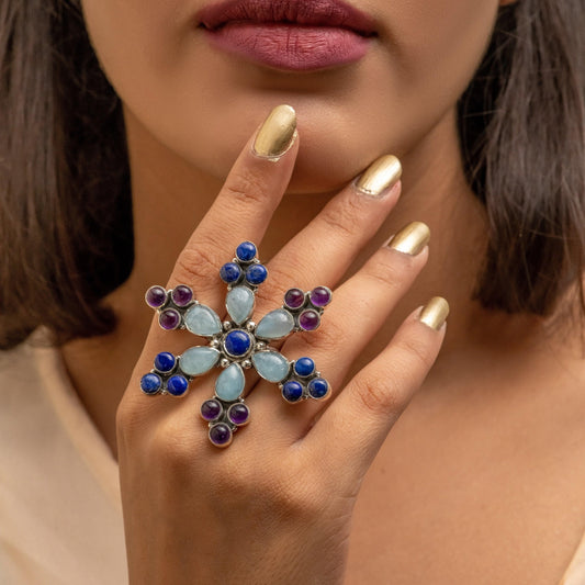Aquamarine, Lapis Lazuli, Amethyst Natural Gemstone 925 Solid Sterling Silver Jewelry Designer Adjustable Ring