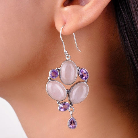 Amethyst, Rose Quartz Gemstone Handmade 925 Sterling Silver Jewelry Earring
