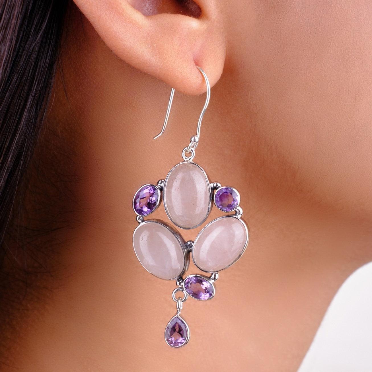 Amethyst, Rose Quartz Gemstone 925 Solid Sterling Silver Jewelry Earring