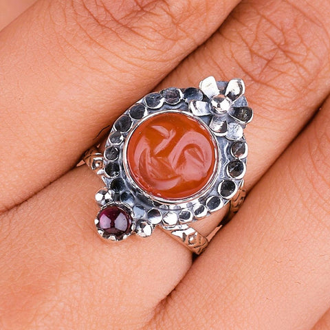 Carnelian Face Carving, Garnet Natural Gemstone 925 Solid Sterling Silver Jewelry Designer Adjustable Ring ( Size 5 To 13 ) NEW-23 - Silverhubjewels