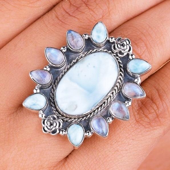 Caribbean Larimar Natural Gemstone 925 Solid Sterling Silver Jewelry Designer Adjustable Ring  ( Size 5 To 13 ) NEW-20 - Silverhubjewels