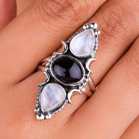 Black Onyx, Rainbow Moonstone Natural Gemstone 925 Solid Sterling Silver Jewelry Designer Adjustable Ring ( Size 5 To 13 ) NEW-16 - Silverhubjewels