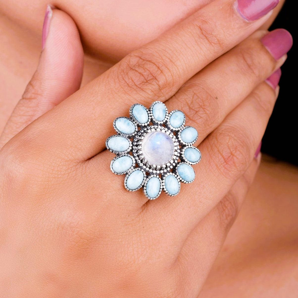 Caribbean Larimar, Moonstone Natural Gemstone 925 Solid Sterling Silver Jewelry Designer Adjustable Ring ( Size 5 To 13 ) NEW-22 - Silverhubjewels