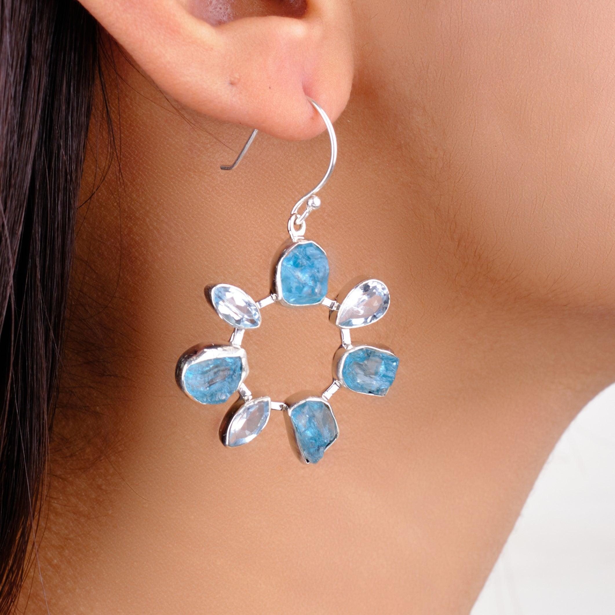 Neon Apatite, Blue Topaz Gemstone Handmade 925 Solid Sterling Silver Jewelry Earring - Silverhubjewels