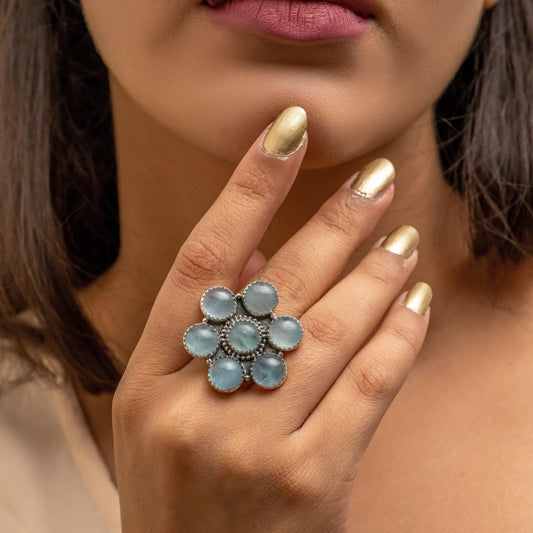 Aquamarine Natural Gemstone 925 Solid Sterling Silver Jewelry Designer Ring Adjustable