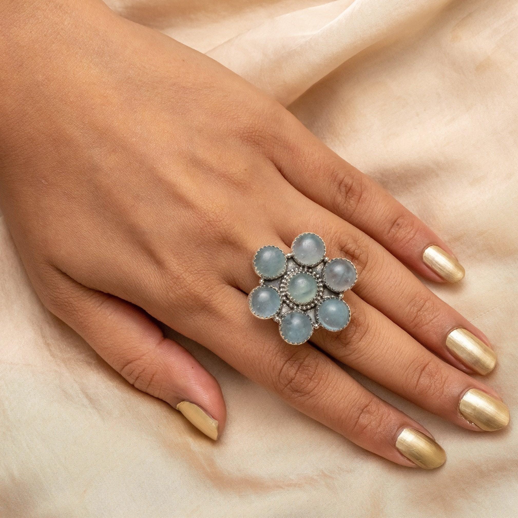 Aquamarine Natural Gemstone 925 Sterling Silver Jewelry Designer Ring Adjustable
