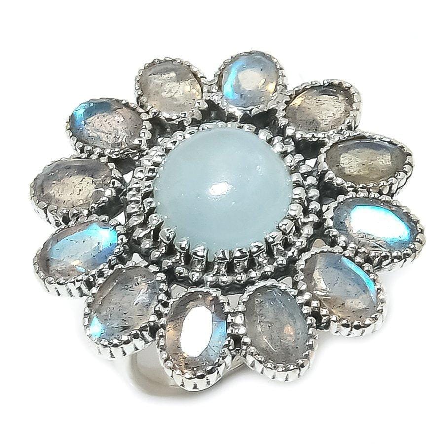 Aquamarine, Labradorite Gemstone 925 Sterling Silver Jewelry Ring