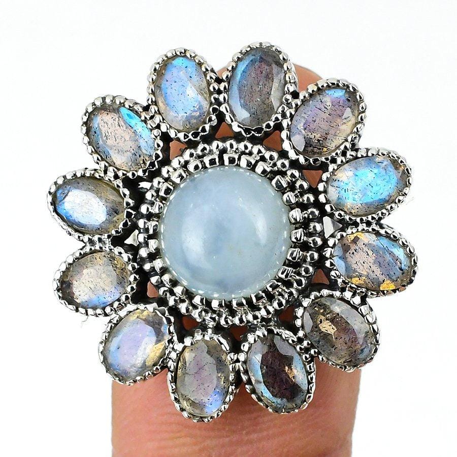 Aquamarine, Labradorite Gemstone 925 Solid Sterling Silver Jewelry Ring