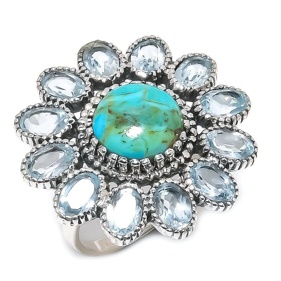 Tibetan Turquoise, Blue Topaz Gemstone 925 Solid Sterling Silver Ring SJ-13 - Silverhubjewels