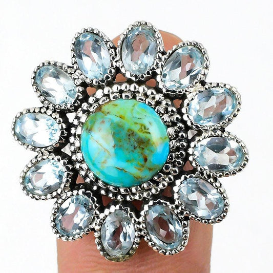 Tibetan Turquoise, Blue Topaz Gemstone 925 Solid Sterling Silver Ring SJ-13 - Silverhubjewels