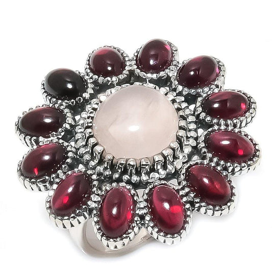 Rose Quartz, Garnet Gemstone 925 Solid Sterling Silver Jewelry Ring SJ-14 - Silverhubjewels