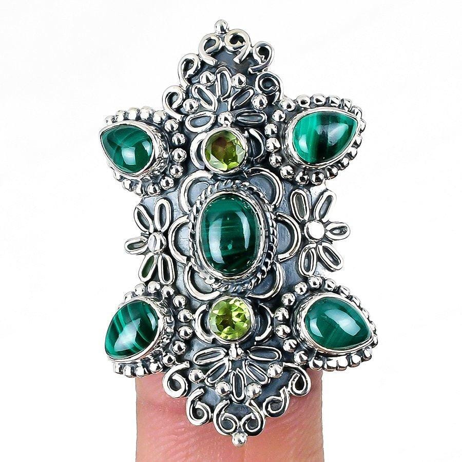 Malachite, Peridot Gemstone 925 Solid Sterling Silver Jewelry Ring  SJ-1531 - Silverhubjewels