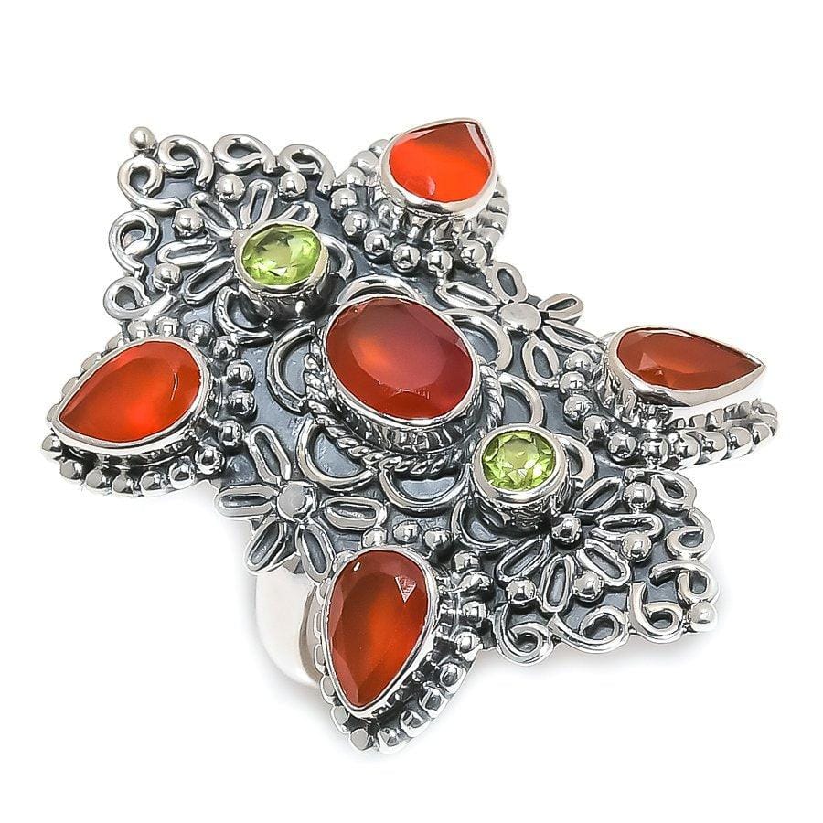 Orange Carnelian, Peridot Gemstone 925 Solid Sterling Silver Jewelry Ring  SJ 1537 - Silverhubjewels